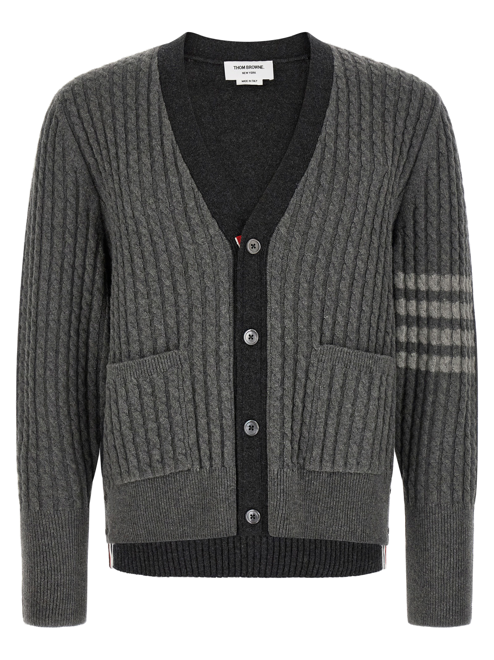 Thom Browne Virgin Wool Ribbed Cardigan — Gray