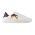 Versace Logo-Embroidered Leather Sneaker — White