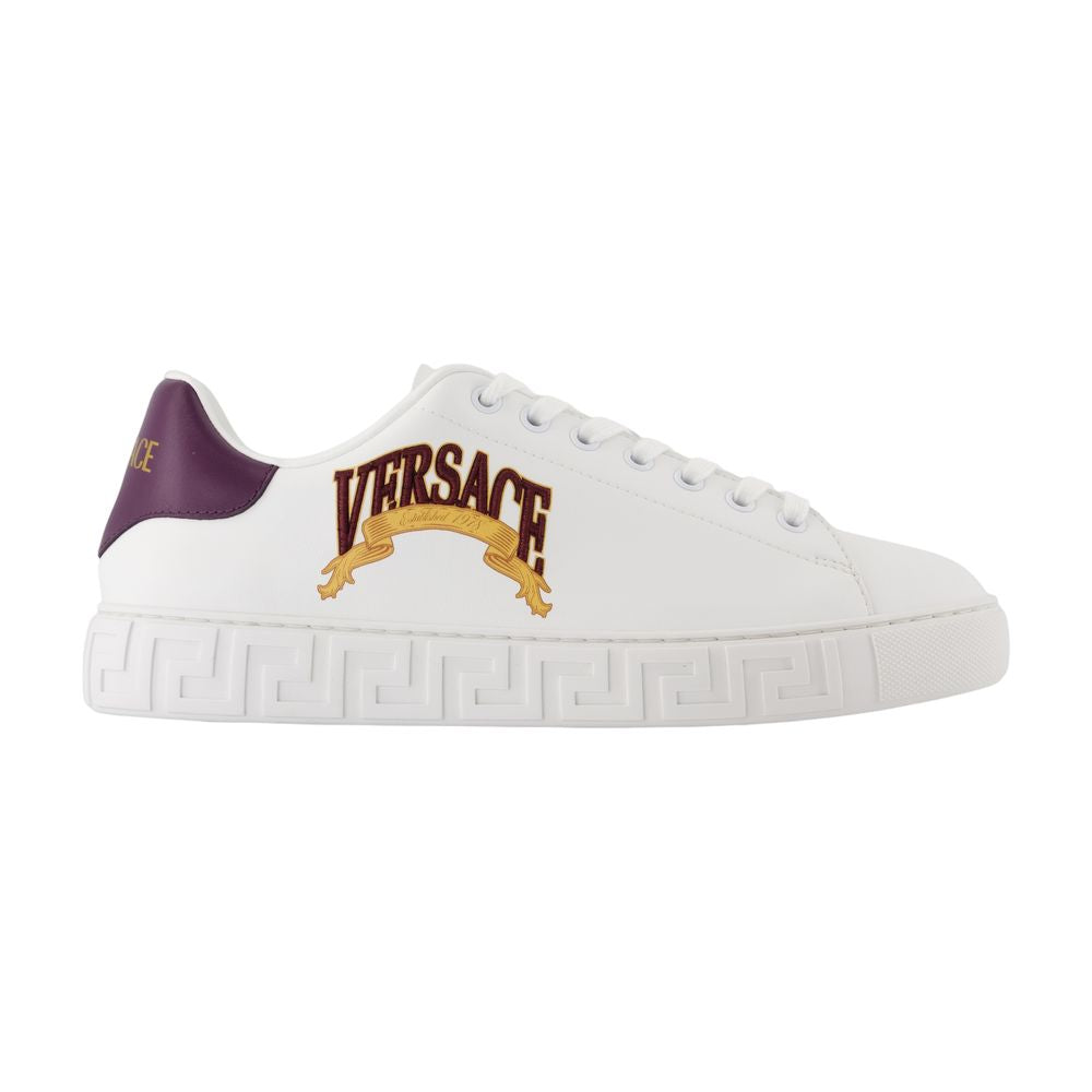 Versace Logo-Embroidered Leather Sneaker — White