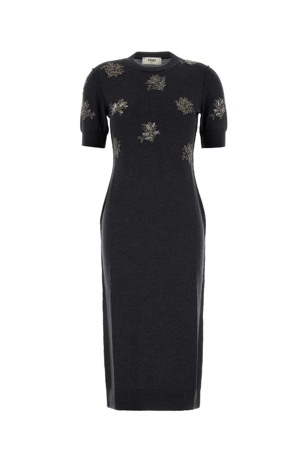 Fendi Embroidered Wool-Blend Knit Dress — Gray