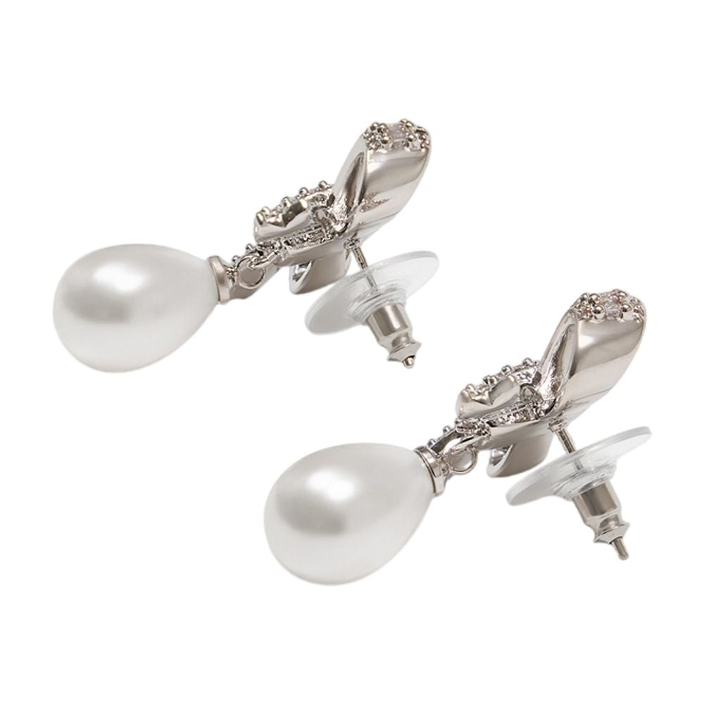 Self-Portrait Crystal Bow Pearl Drop Earrings — Silver