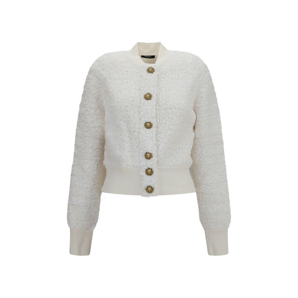 Balmain Tweed Bomber with Lion-Head Buttons Jacket — White