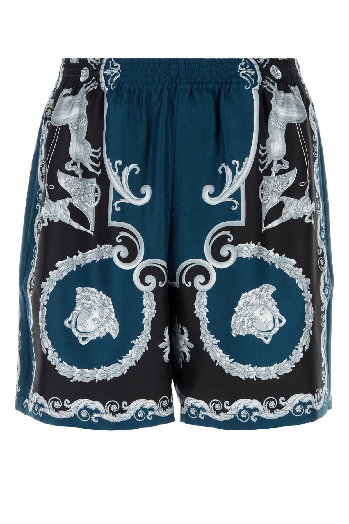 Versace Barocco-Print Silk Bermuda Short — Blue