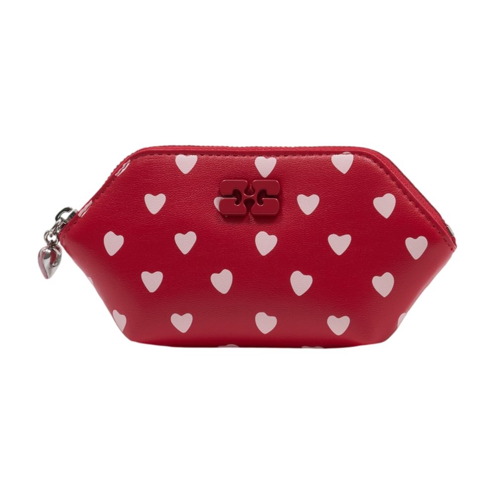 Ganni Heart-Embroidered Lambskin Coin Purse — Red