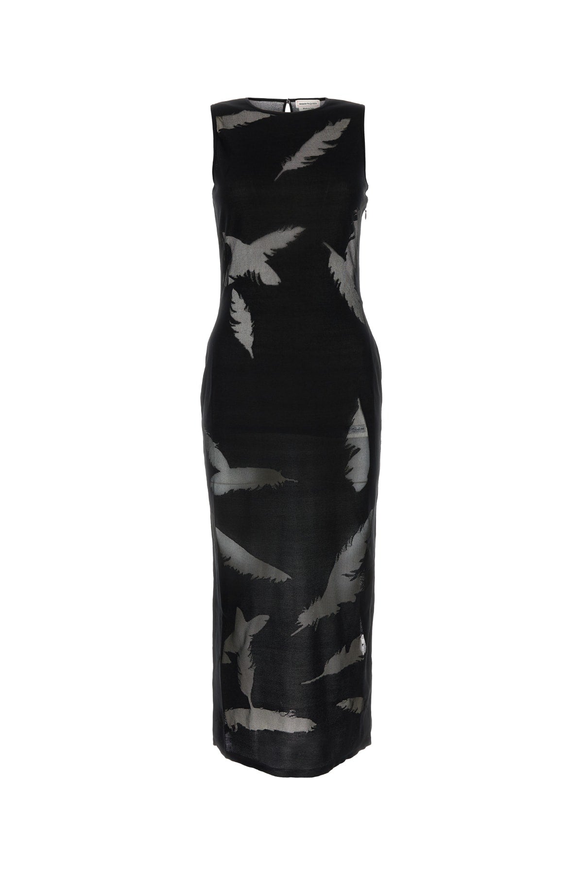 Alexander McQueen Feather-Print Silk Dress — Black