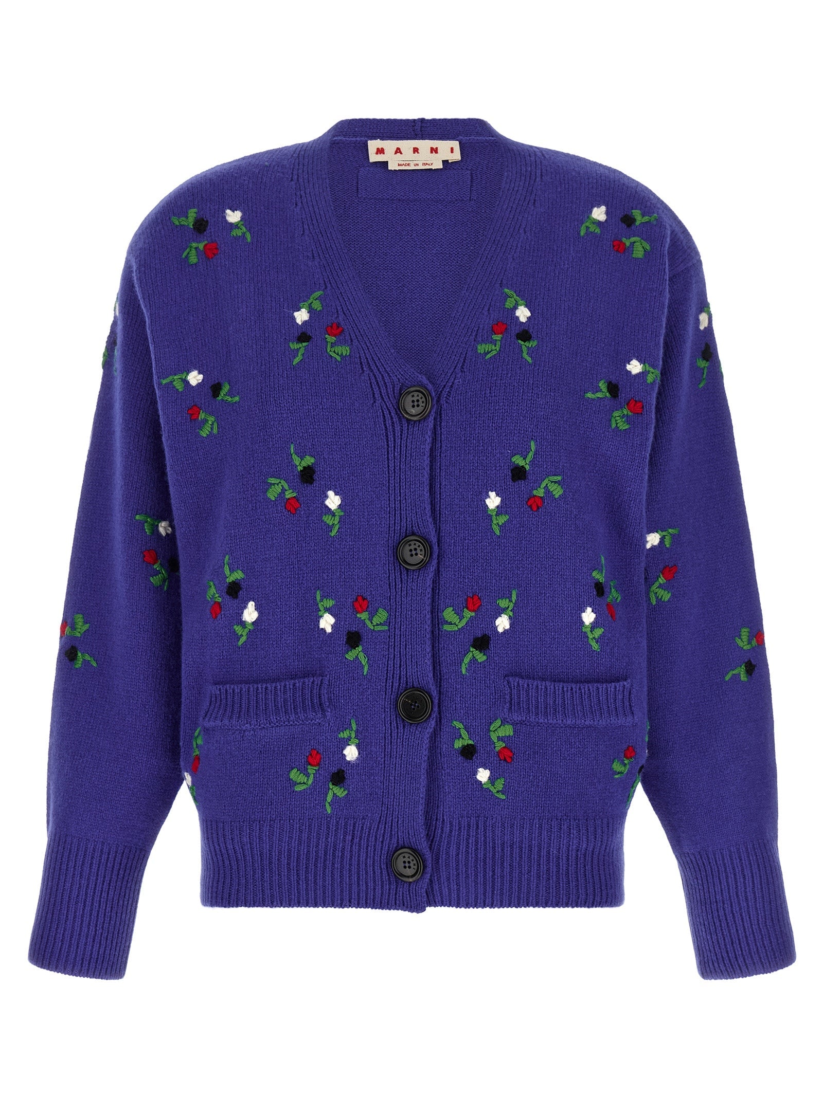 Marni Floral-Embroidered Virgin Wool Cardigan — Blue