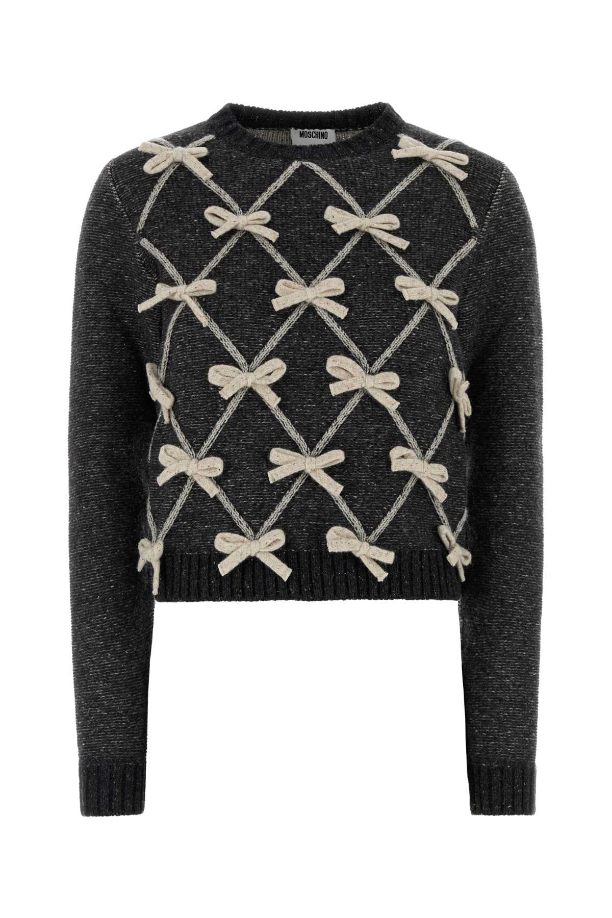 Moschino Bow-Embroidered Wool Blend Sweater — Gray