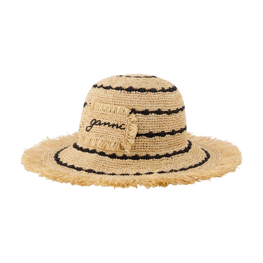 Ganni B3020217-999 Striped Raffia Sun Hat — Beige