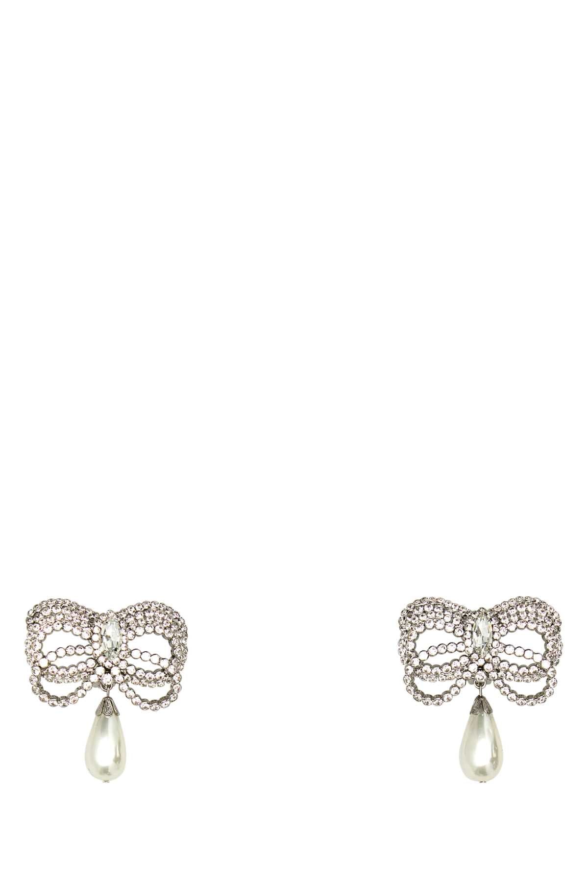 Alessandra Rich Crystal Bow Drop Earrings — Silver