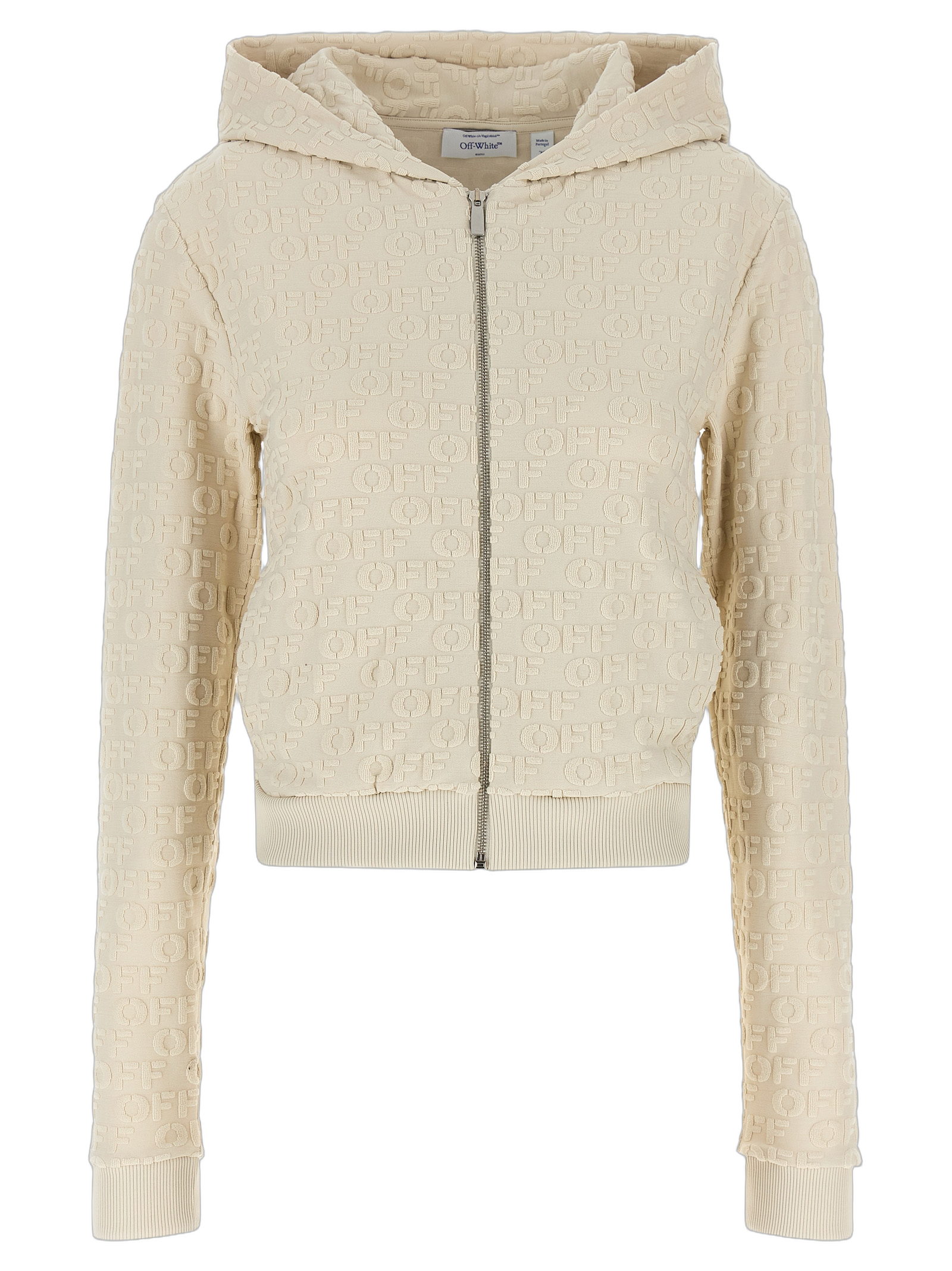 Off-White Embossed Logo Cotton Terry Hoodie — Beige