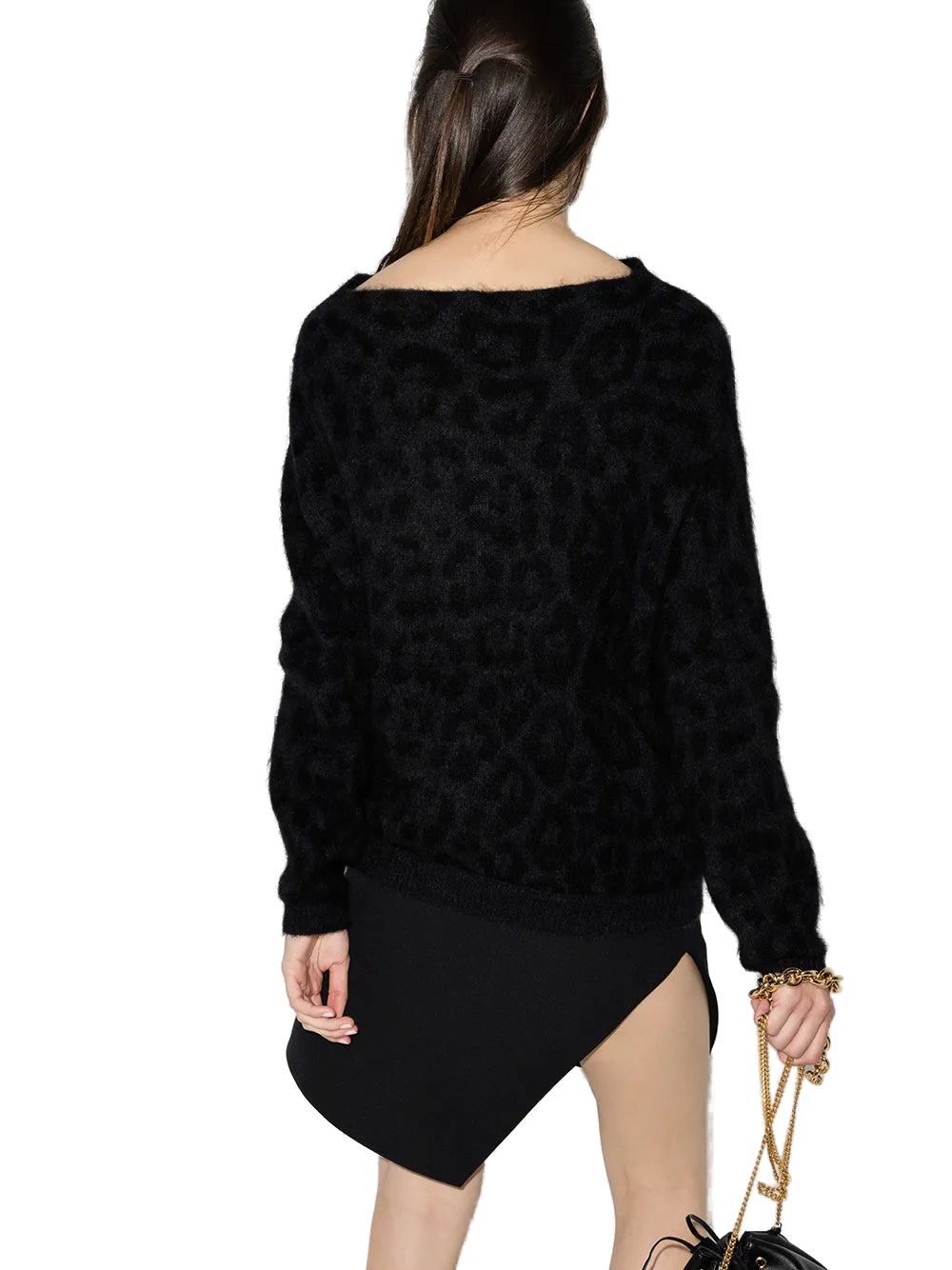 Valentino Off-Shoulder Leopard Knit Sweater — Black