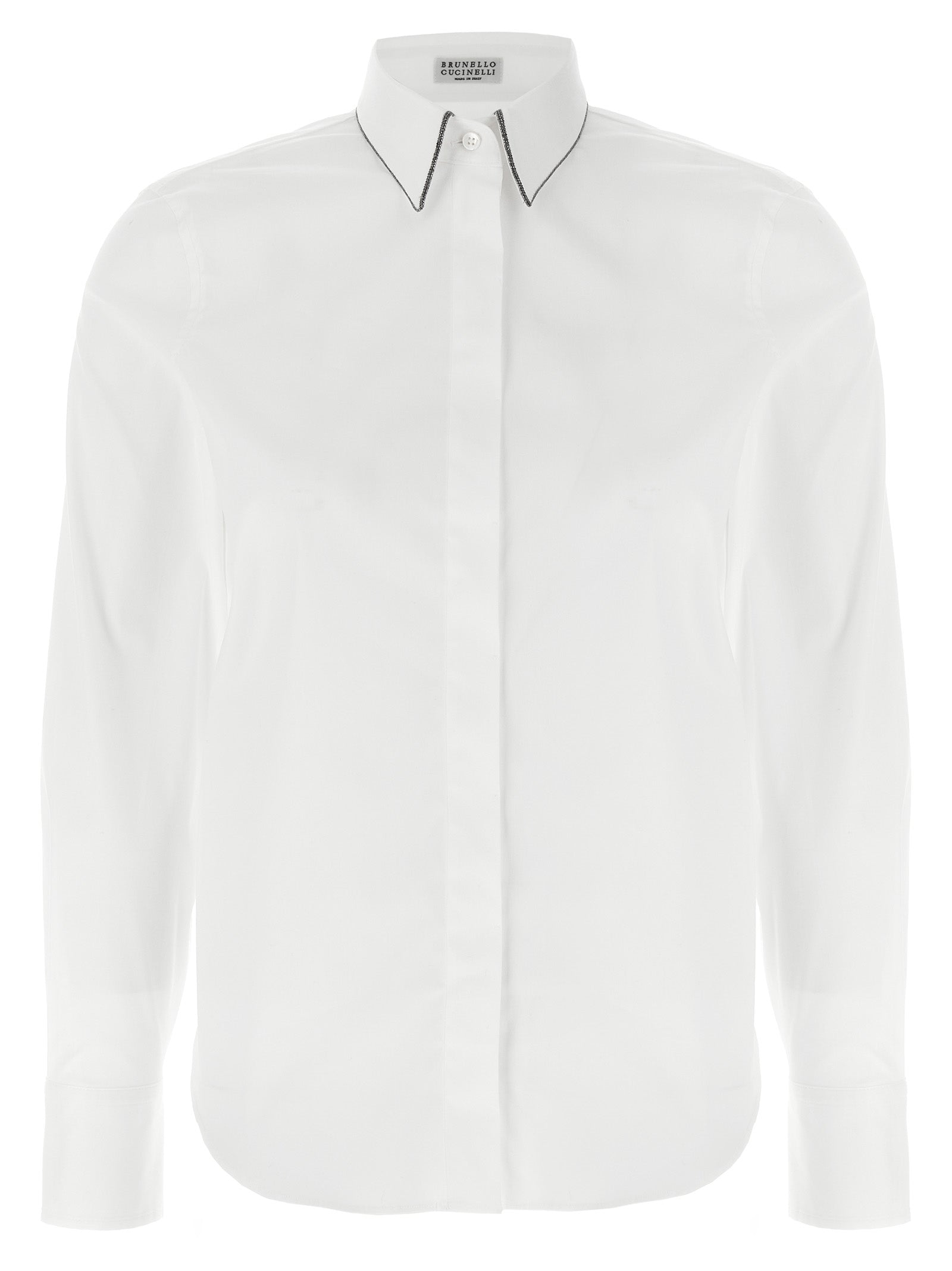 Brunello Cucinelli Contrast-Collar Cotton Stretch Blouse — White