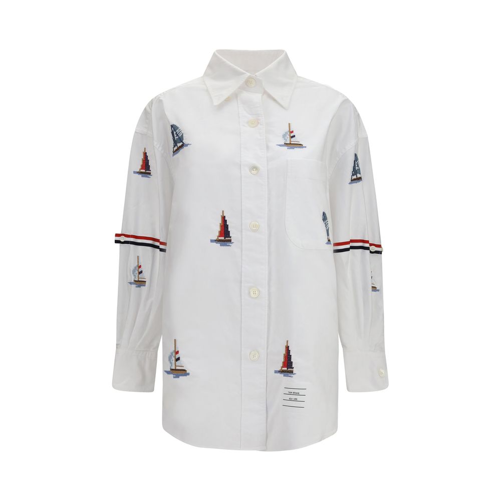Thom Browne Sailboat-Embroidered Cotton Shirt — White