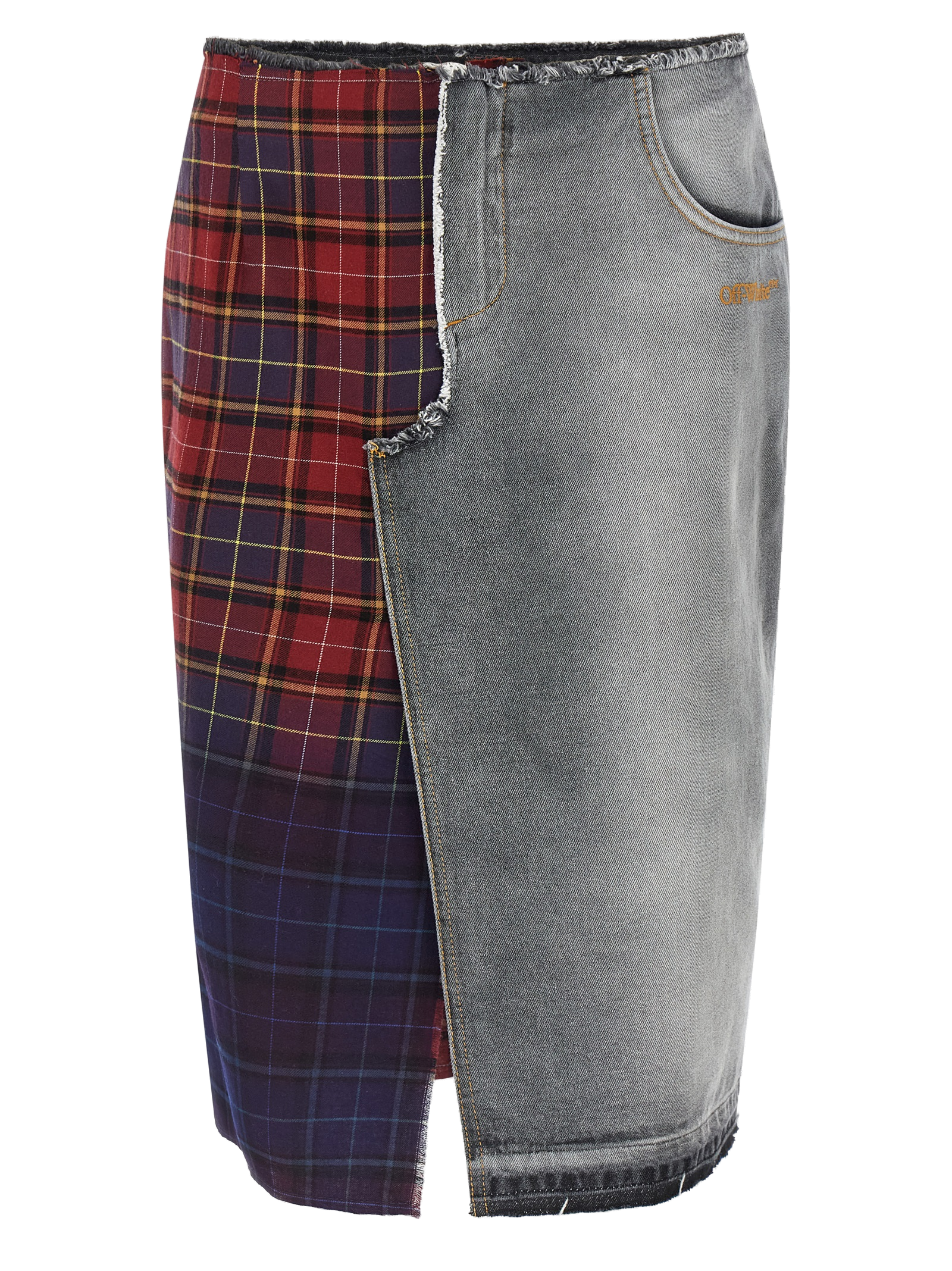 Off-White Patchwork Denim and Plaid Skirt — Multicolor