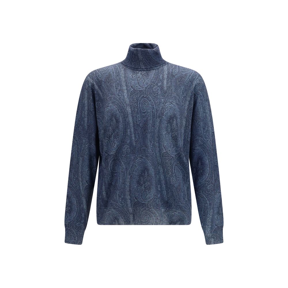 Etro Paisley Cashmere-Silk Turtleneck Sweater — Blue