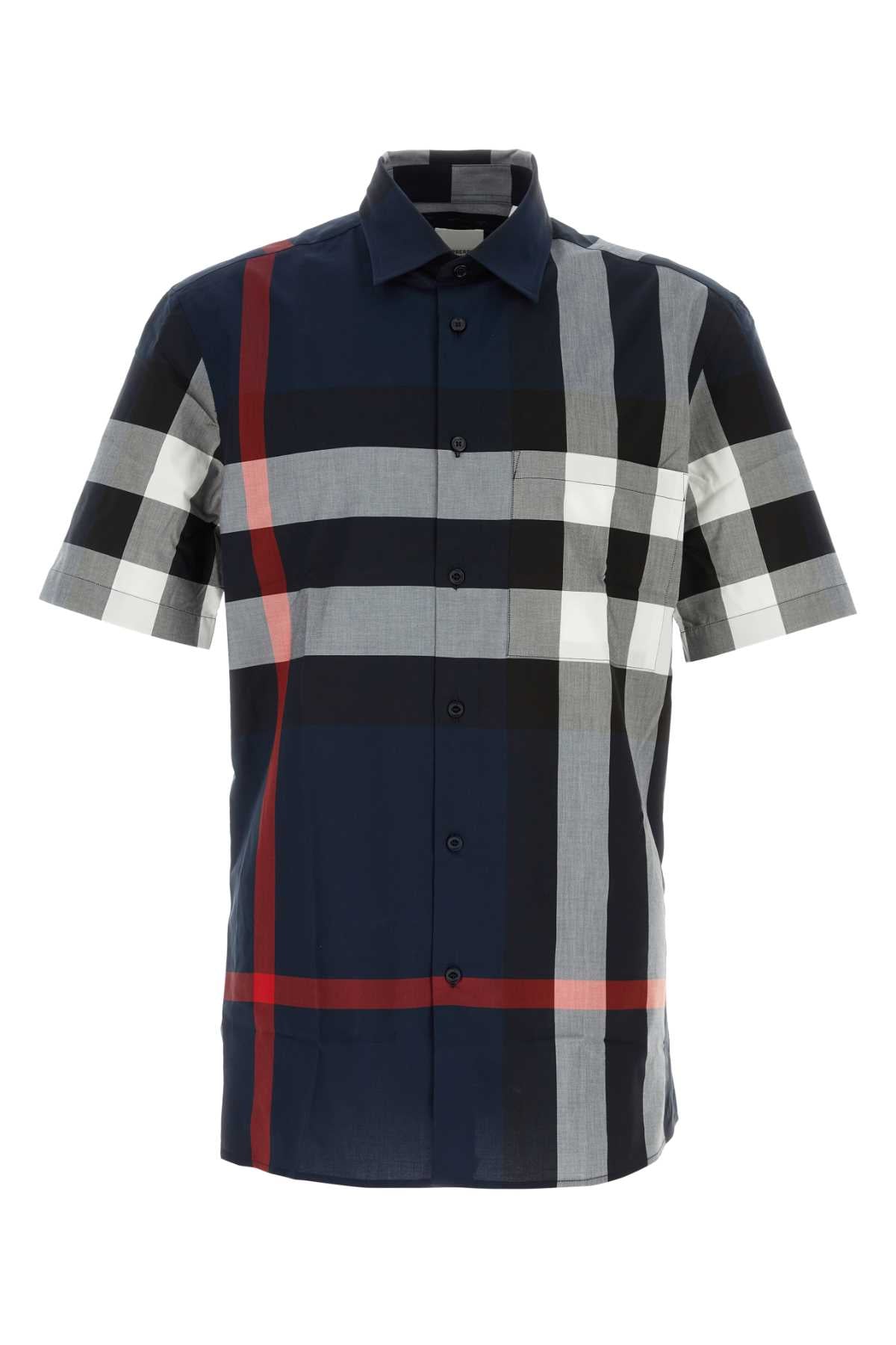 Burberry Embroidered Check Poplin Shirt — Navy