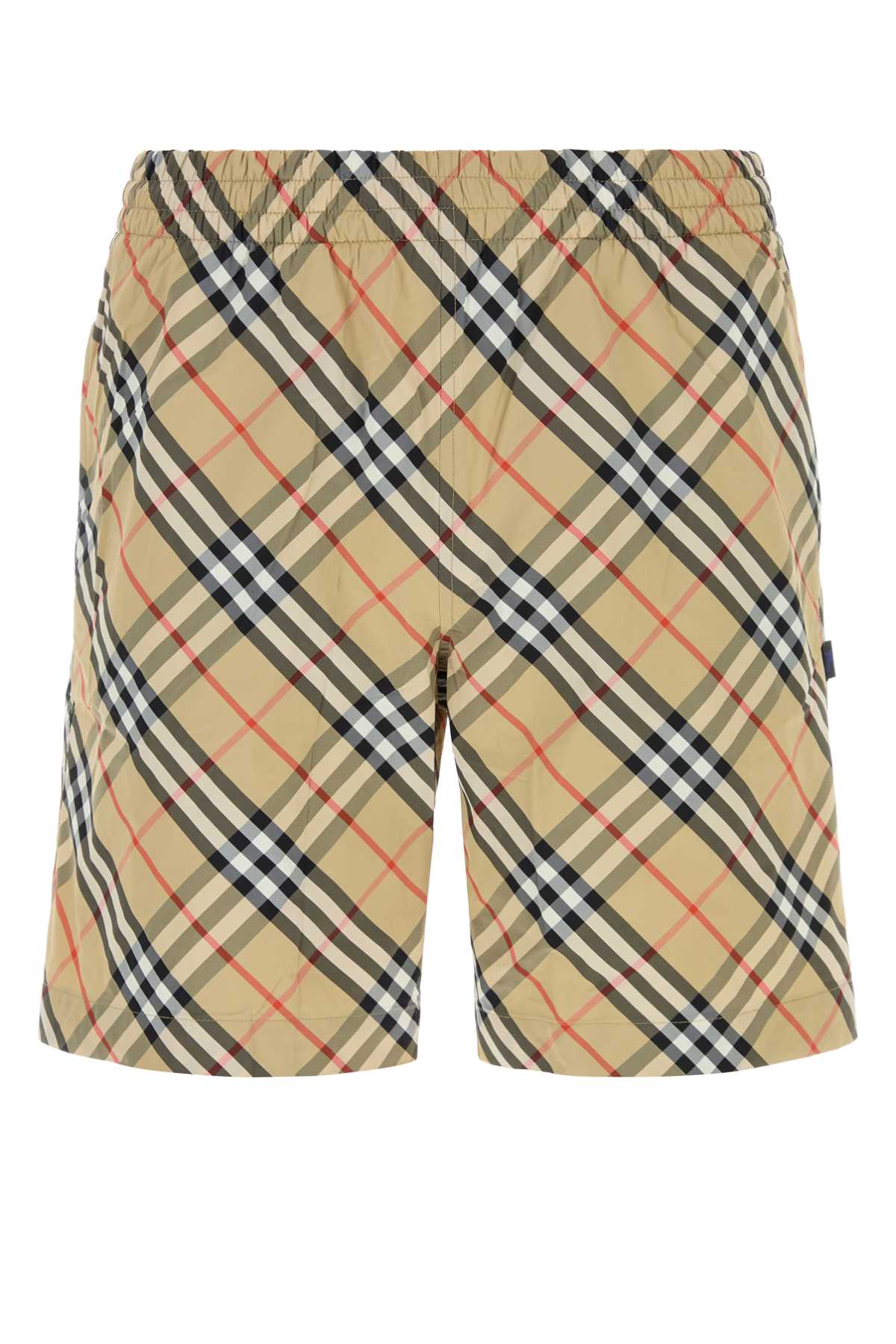 Burberry Embroidered Check Nylon Swimming Shorts — Beige