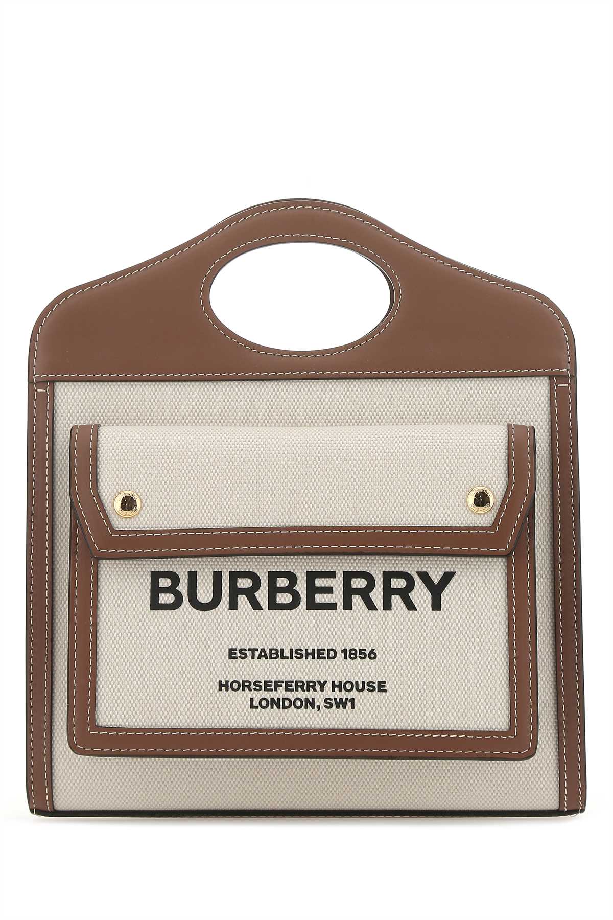 Burberry Two-Tone Canvas and Leather Top Handle Bag — Beige