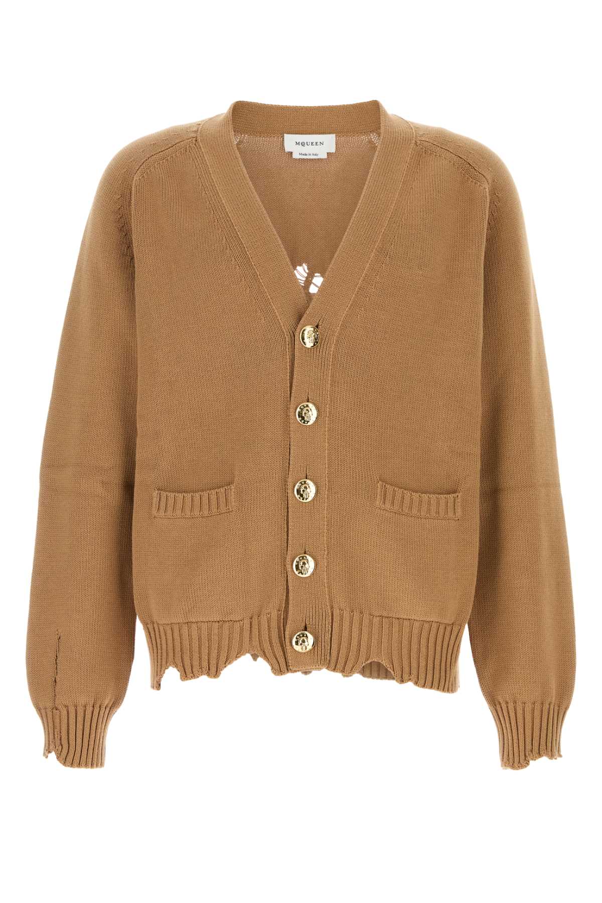 Alexander McQueen Distressed Cotton Cardigan — Beige
