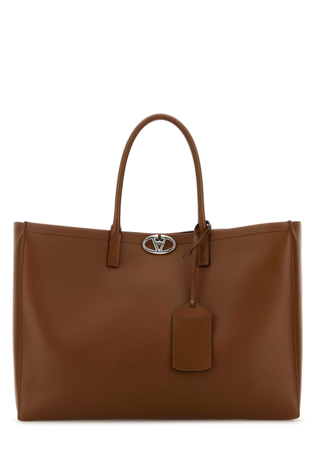 Valentino Garavani Leather Vlogo Tote Bag — Brown