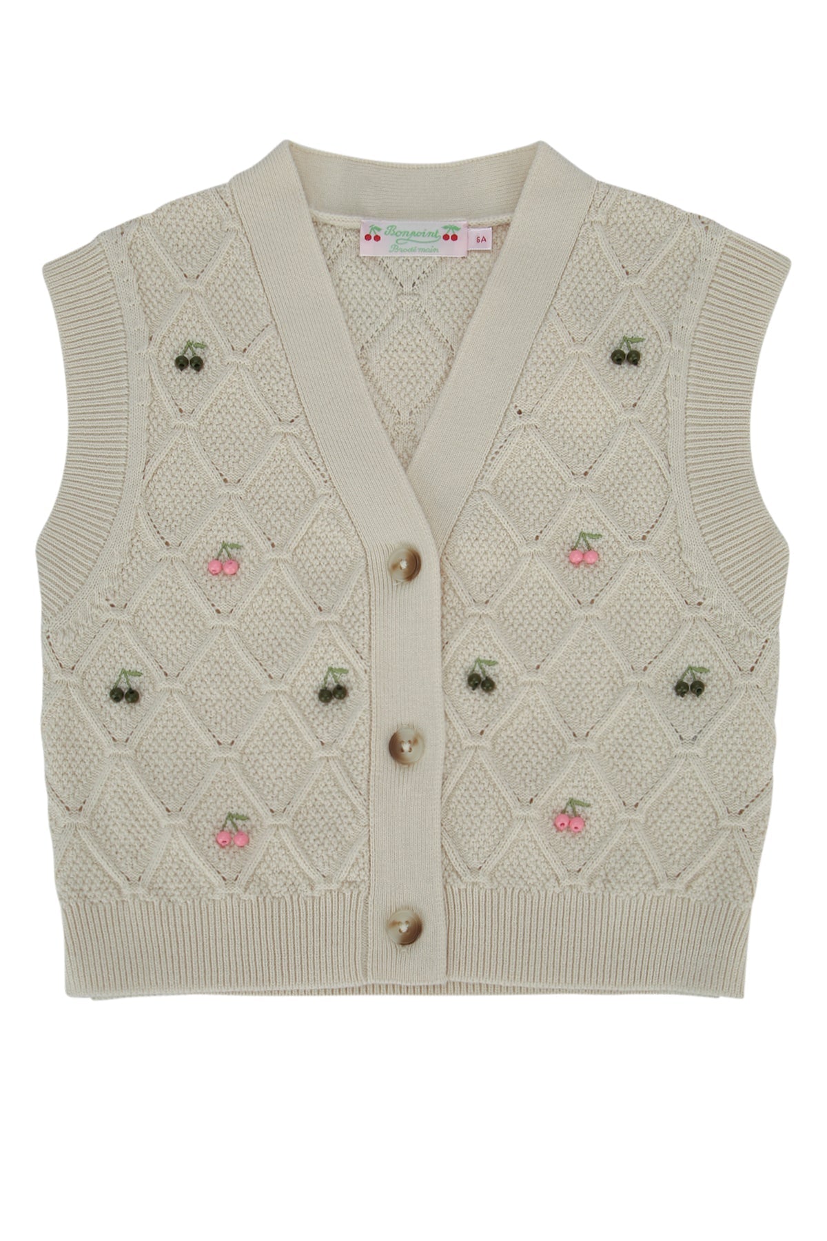 Bonpoint Cherry-Embroidered Knit Cardigan — Beige