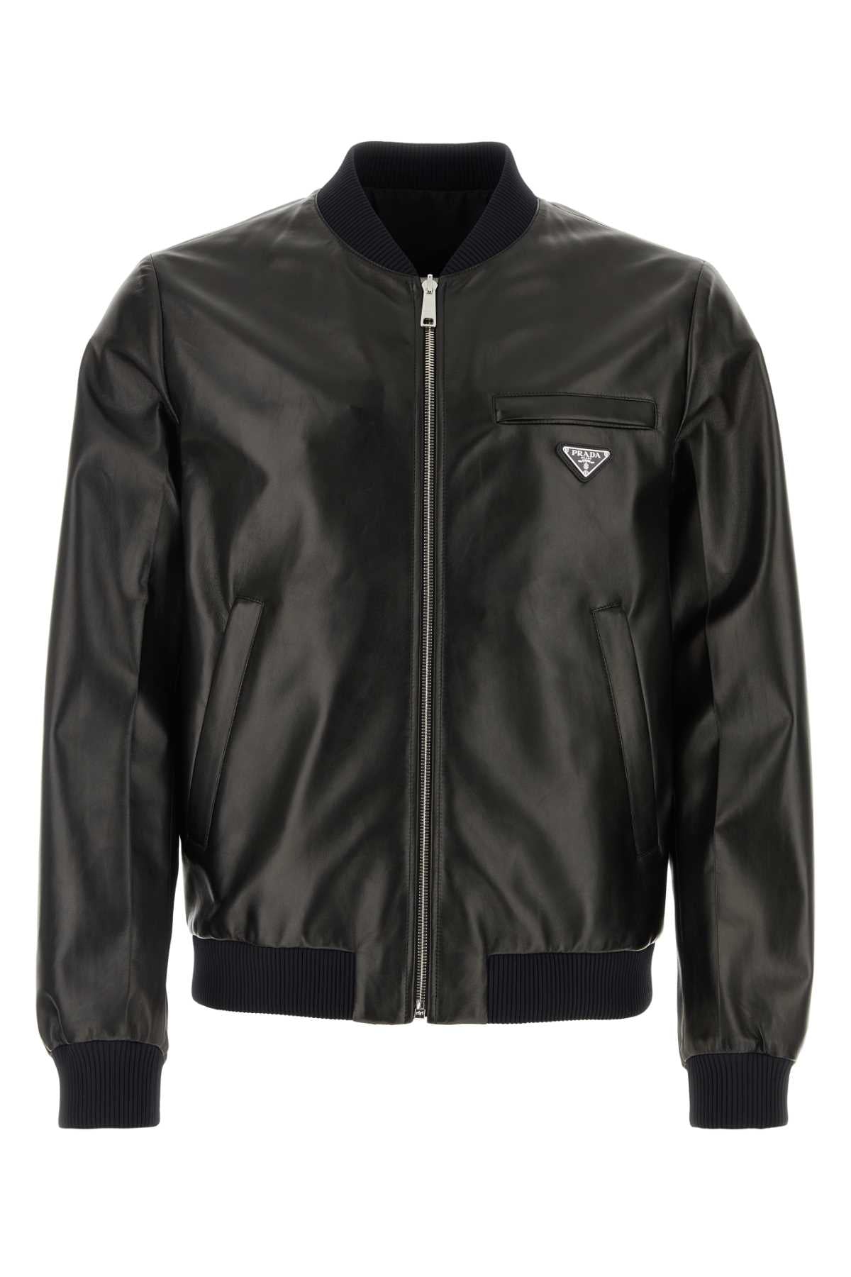 Prada Nappa Leather Reversible Bomber Jacket — Black