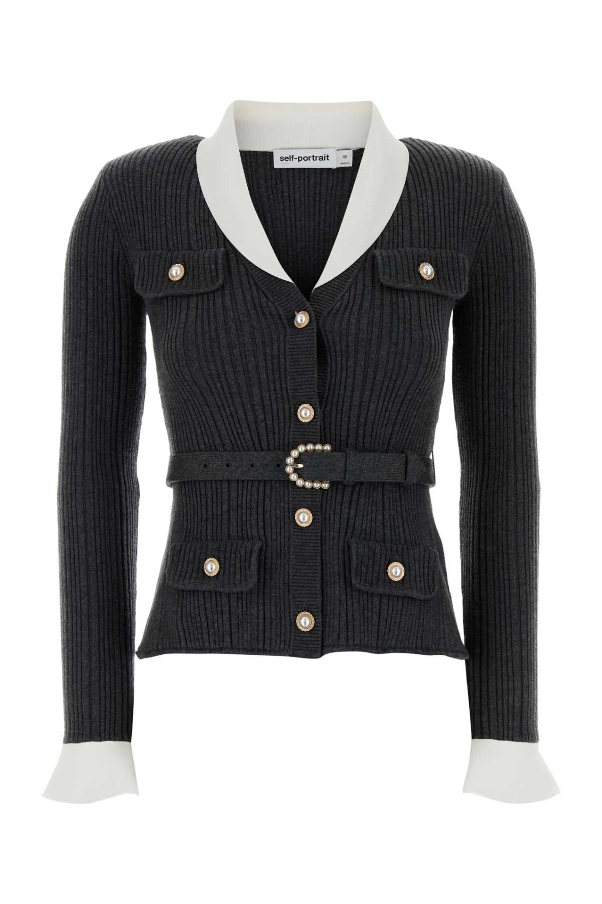 Self-Portrait Ribbed Cardigan — Gray