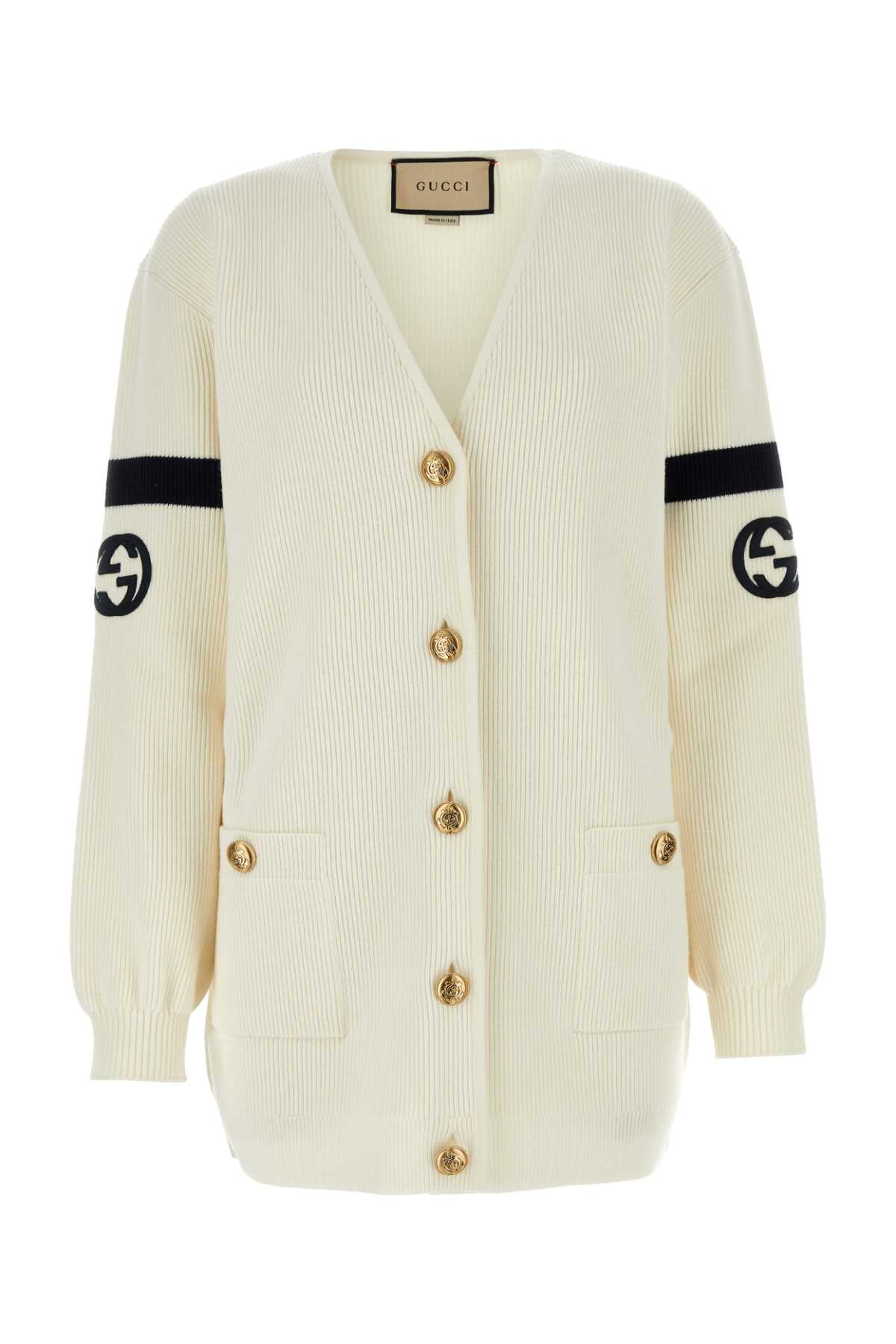 Gucci Logo-Embroidered Wool Blend Cardigan — White