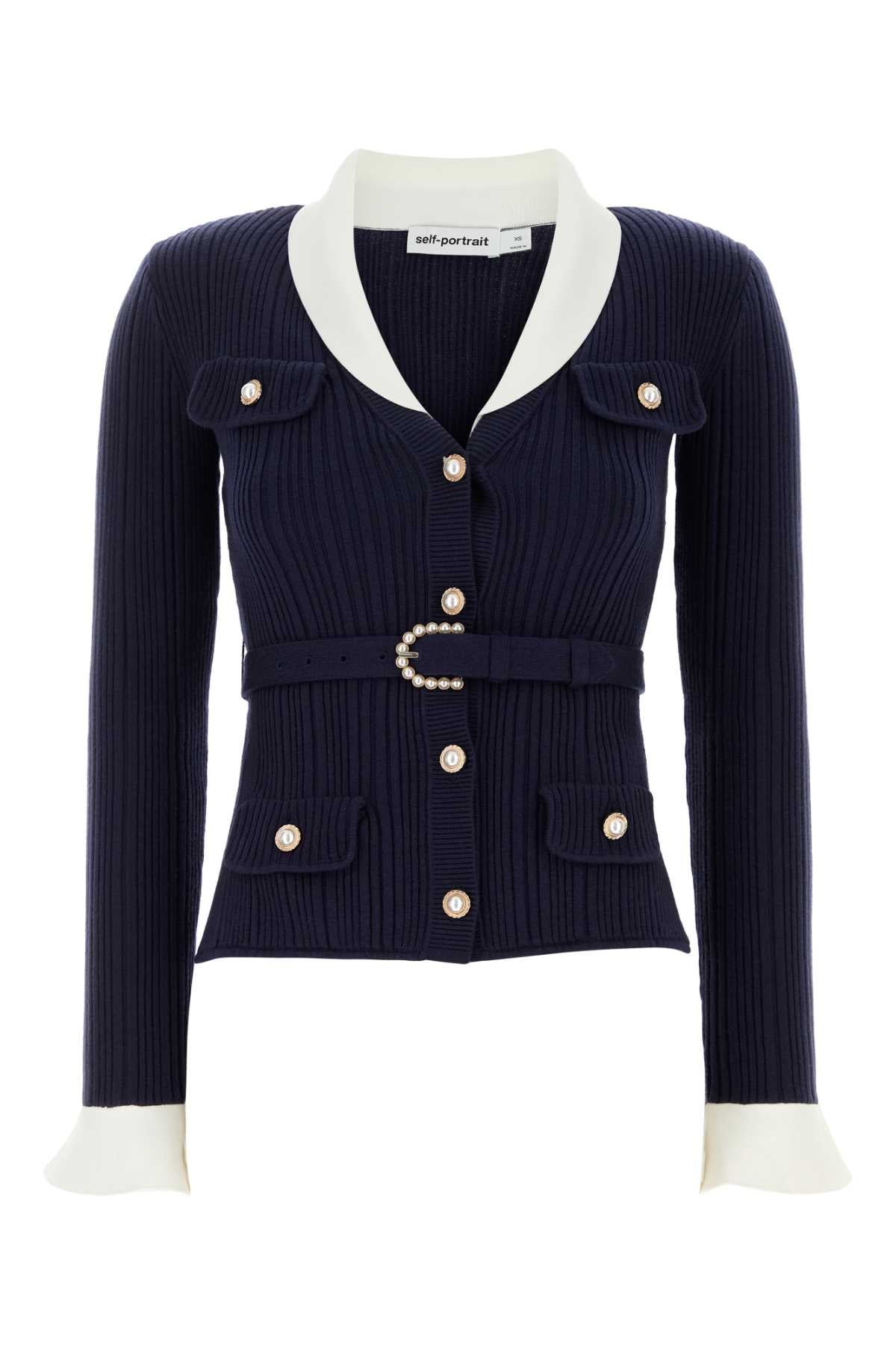 Self-Portrait Ribbed Cardigan — Navy