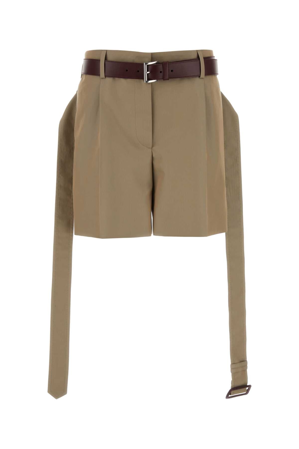 Prada Twill and Calfleather Belted Bermuda Shorts — Beige