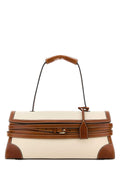 Moschino Canvas & Leather Top Handle Shoulder Bag — Beige