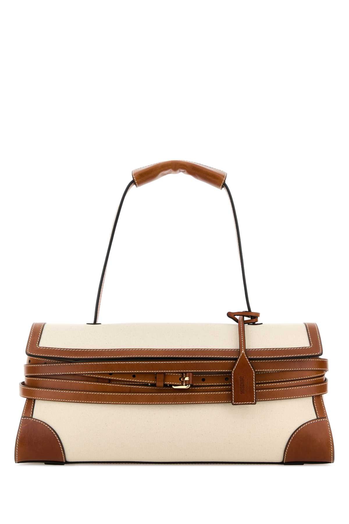 Moschino Canvas & Leather Top Handle Shoulder Bag — Beige