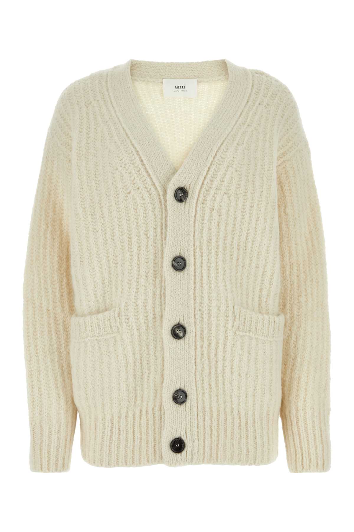 AMI Paris Alpaca-Blend Ribbed Cardigan — Beige