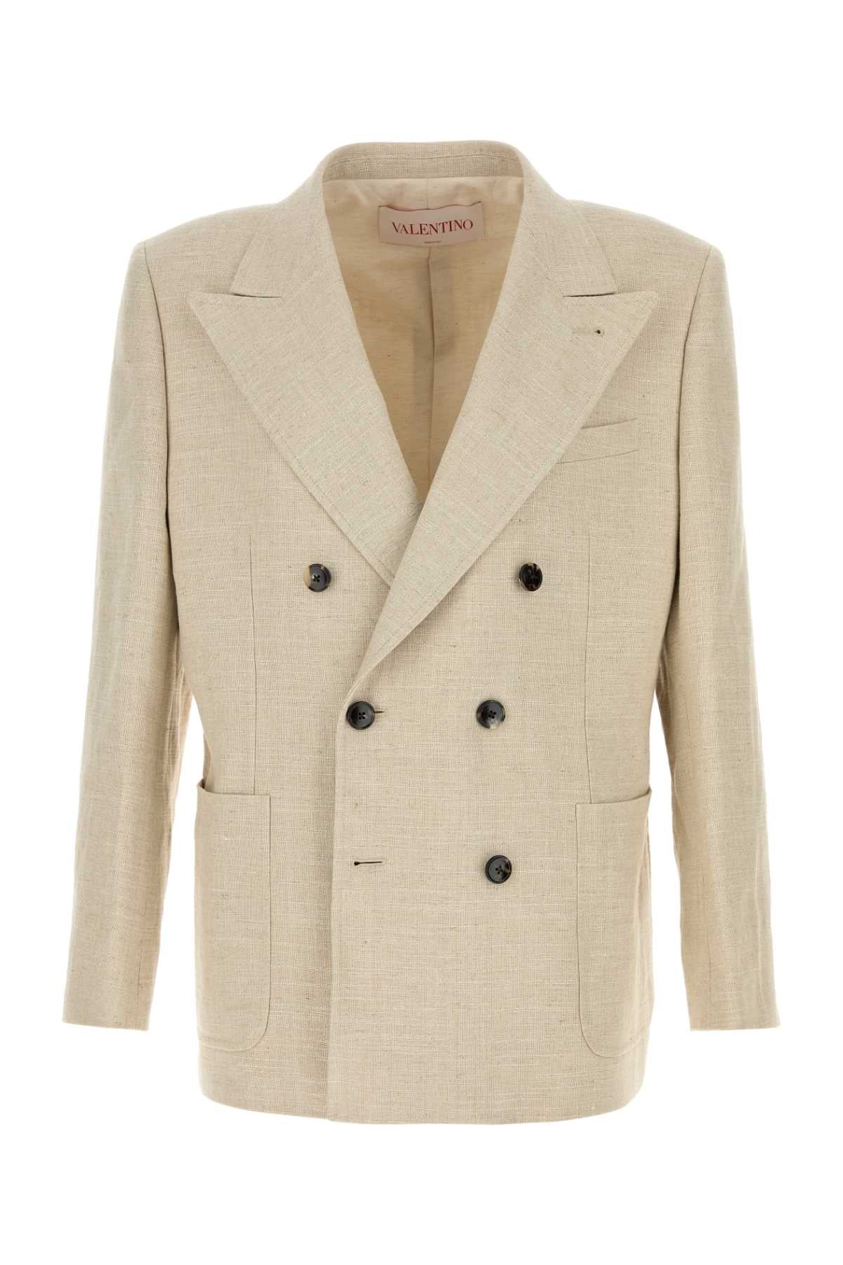 Valentino Garavani Double-Breasted Linen Blend Blazer — Beige