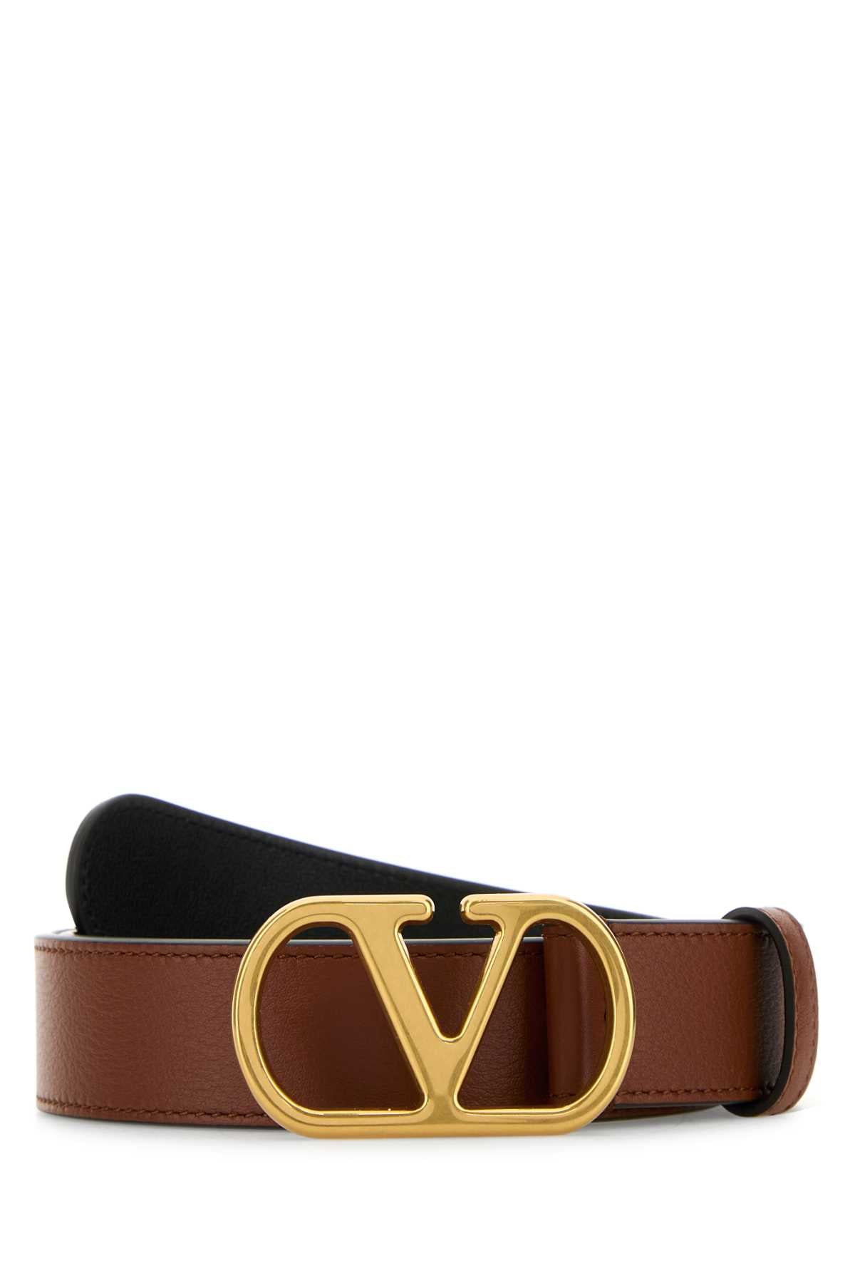 Valentino Garavani Logo Buckle Leather Belt — Brown