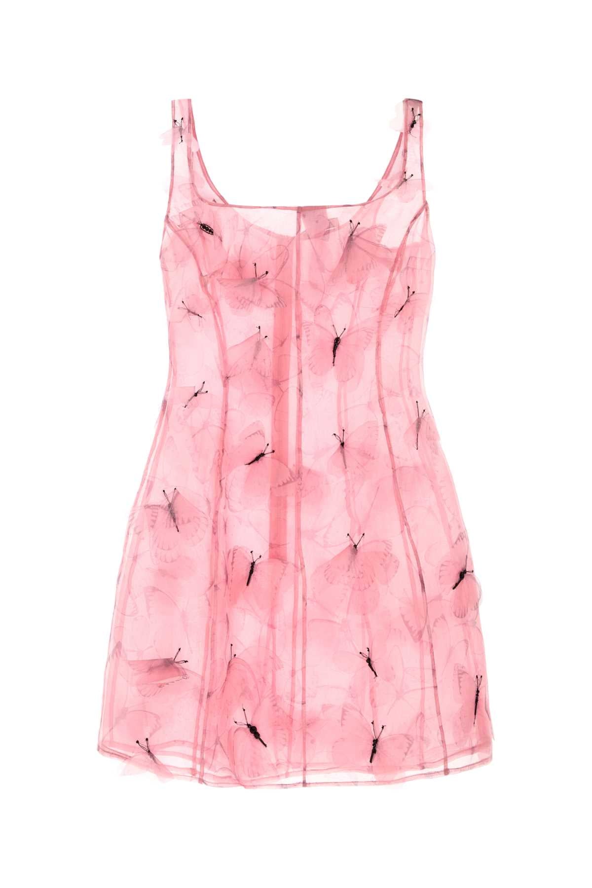 Blumarine Silk Dandelion-Embroidered Dress — Pink