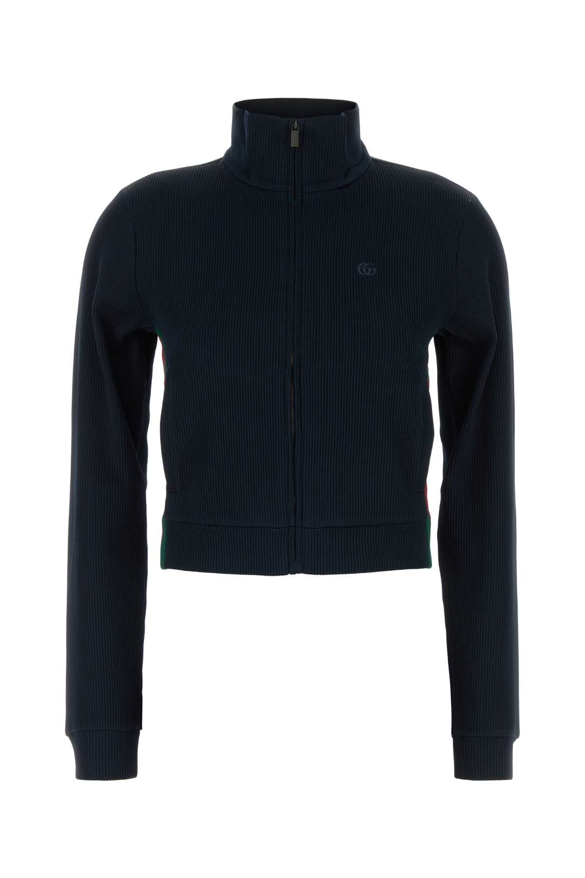 Gucci Ribbed Zip-Up Jersey Sweater — Navy