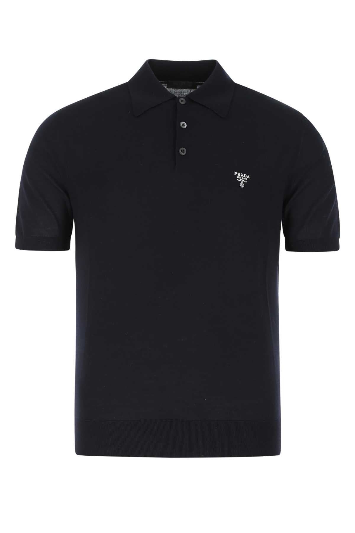 Prada Logo-Embroidered Wool Polo Shirt — Navy