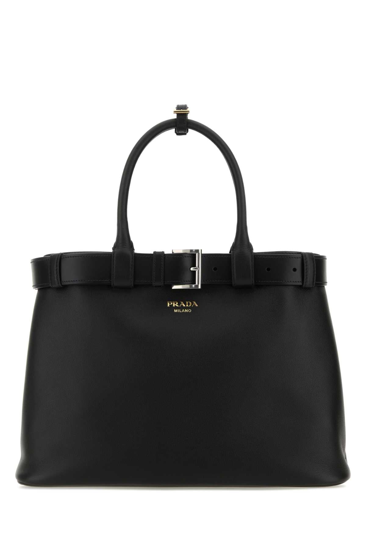 Prada Leather Buckle Belt Top Handle Bag — Black