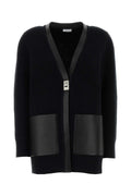 Ferragamo Wool with Leather Pocket Trim Cardigan — Black