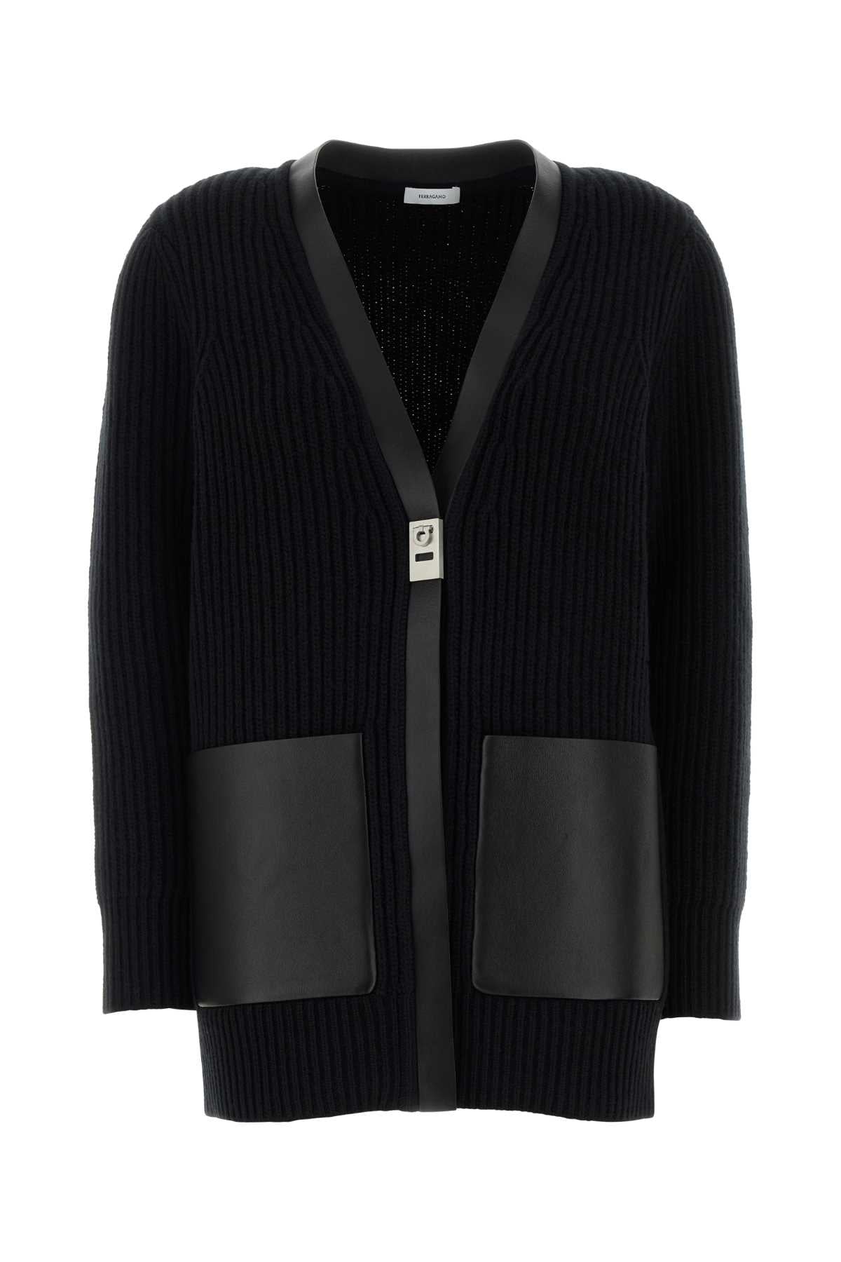 Ferragamo Wool with Leather Pocket Trim Cardigan — Black