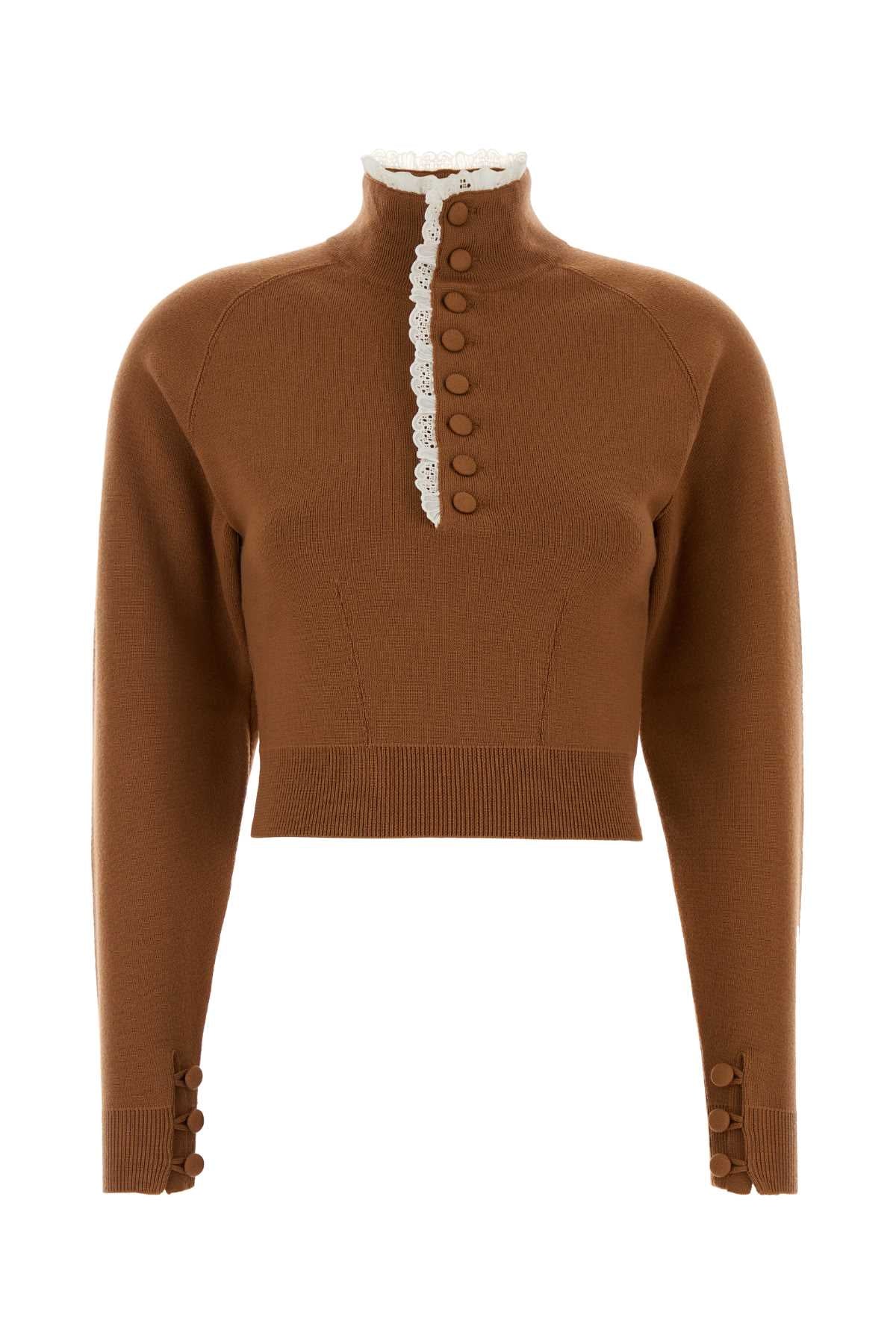 Chloé Lace-Trimmed Wool Sweater — Brown