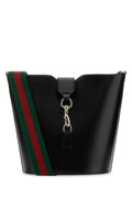 Gucci Striped Web-Strap Leather Bucket Bag — Black