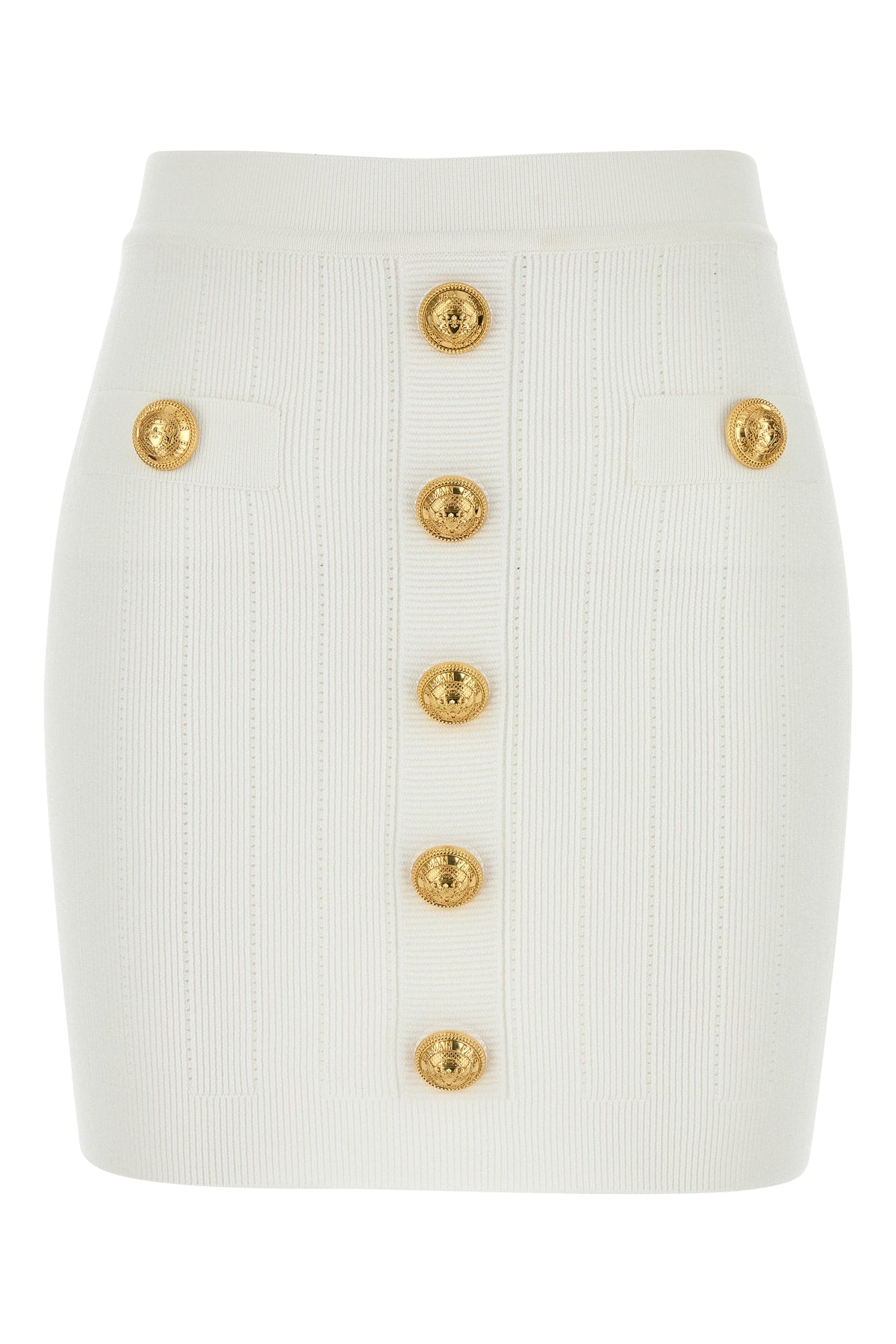 Balmain Gold-Button Ribbed Skirt — White