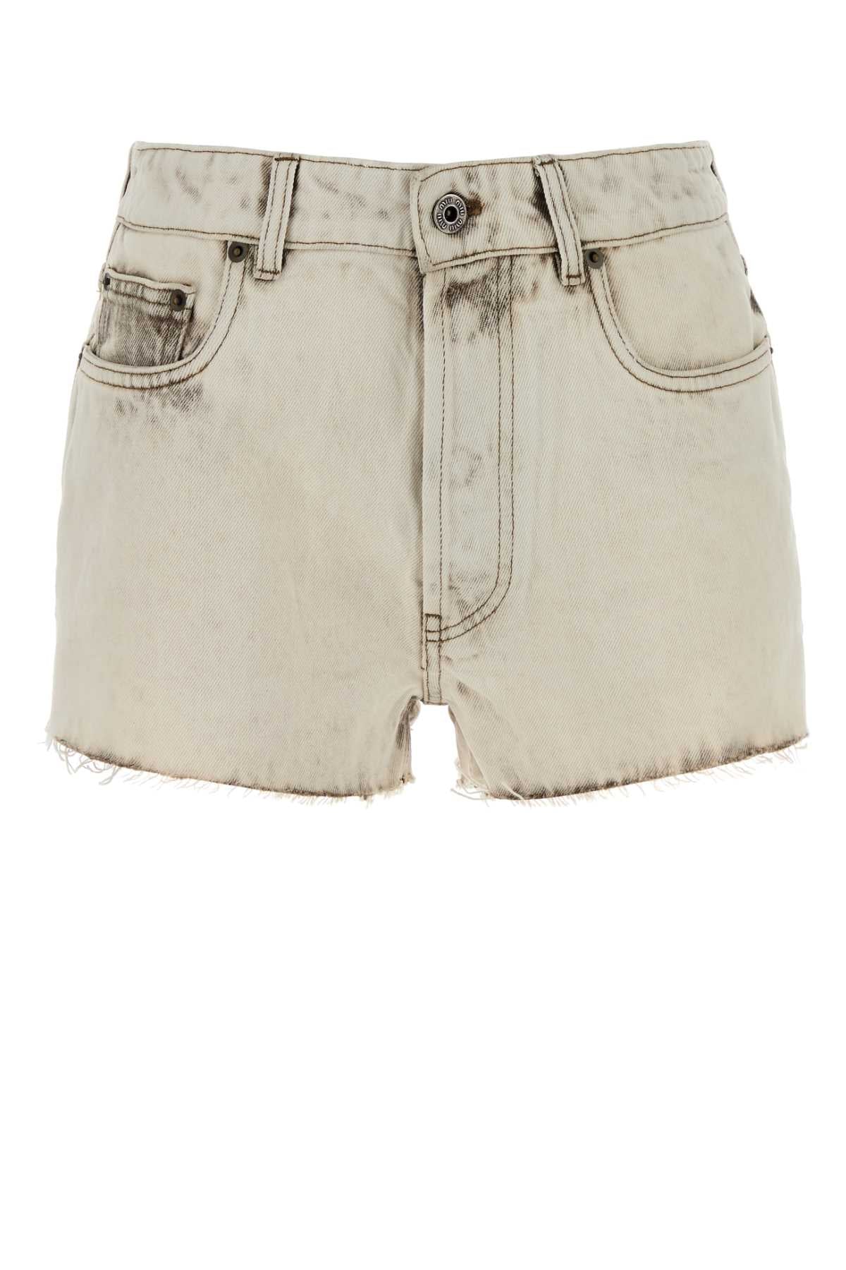 Miu Miu Distressed Cotton Denim Shorts — White