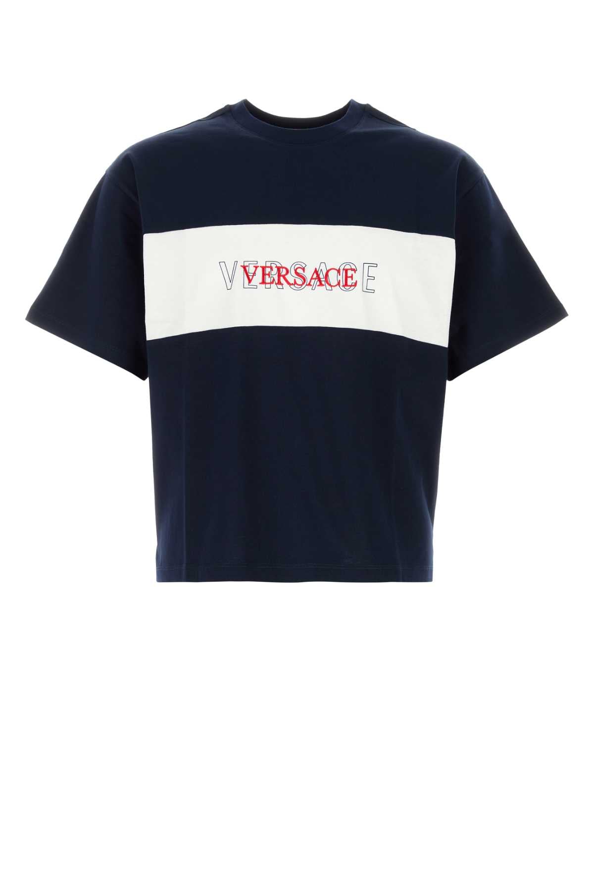 Versace Logo-Striped Cotton T-Shirt — Navy