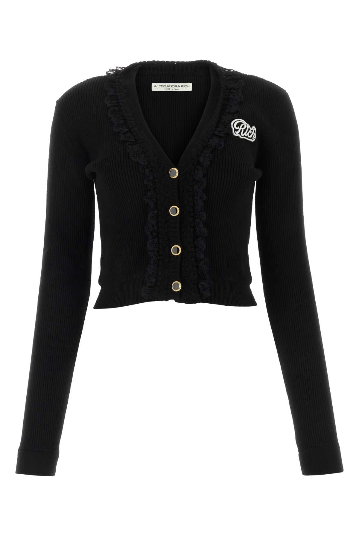 Alessandra Rich Lace-Trimmed Ribbed Knit Cardigan — Black