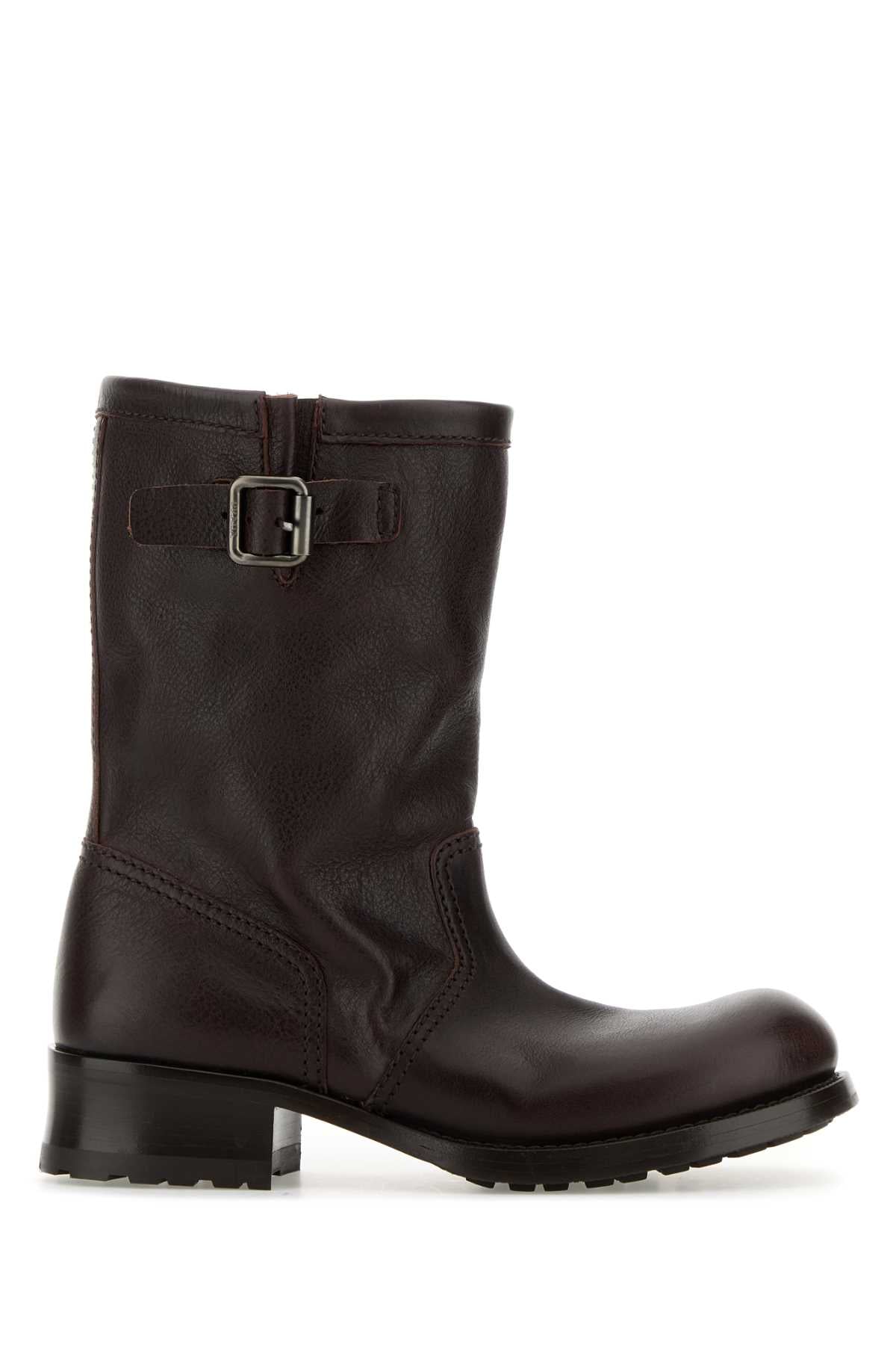 Prada Buckle-Detail Calf Leather Ankle Boot — Brown