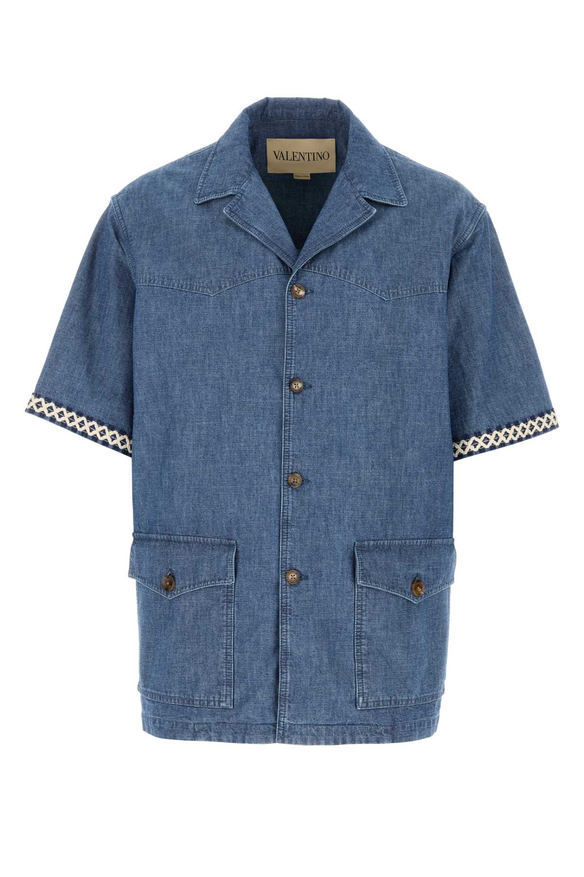 Valentino Garavani Short-Sleeve Denim Shirt — Blue