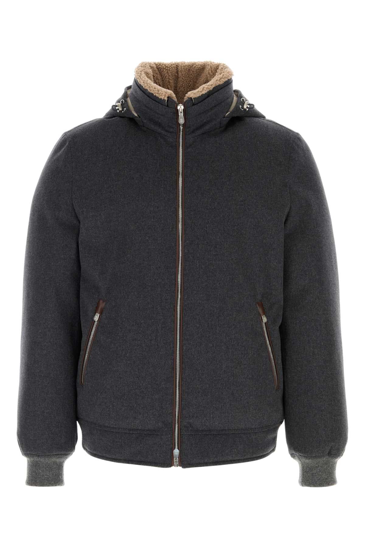 Brunello Cucinelli Wool-Blend with Sherpa Lining Down Jacket — Gray